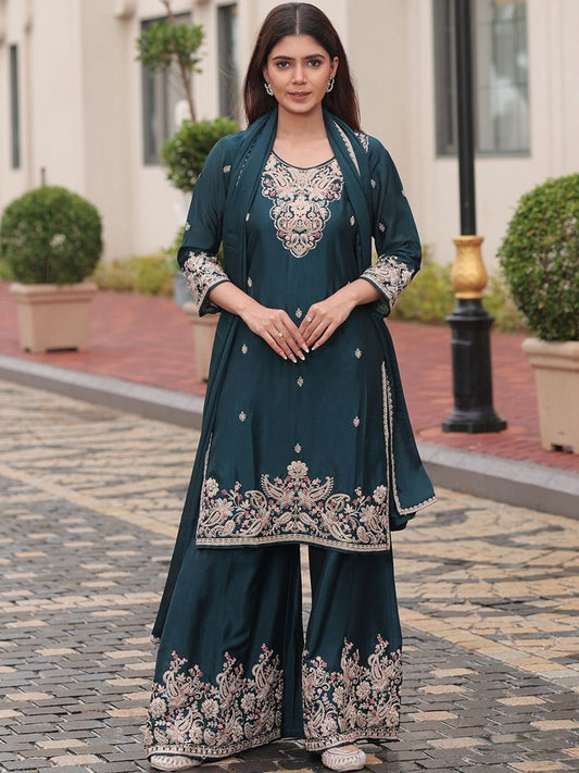 Dhiyona CH Women Ethnic Motifs Embroidered Regular Thread Work Kurta with Palazzos & With Dupatta