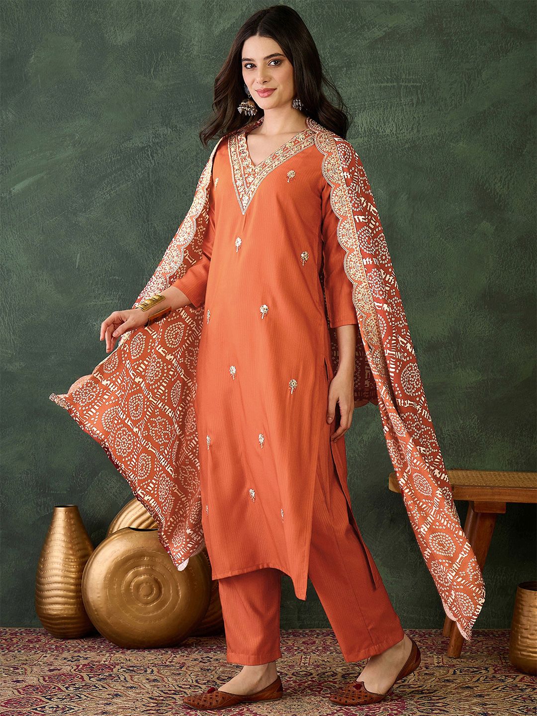 Dhiyona KL Zari Floral Embroidered V-Neck Straight Kurta With Trousers & Dupatta