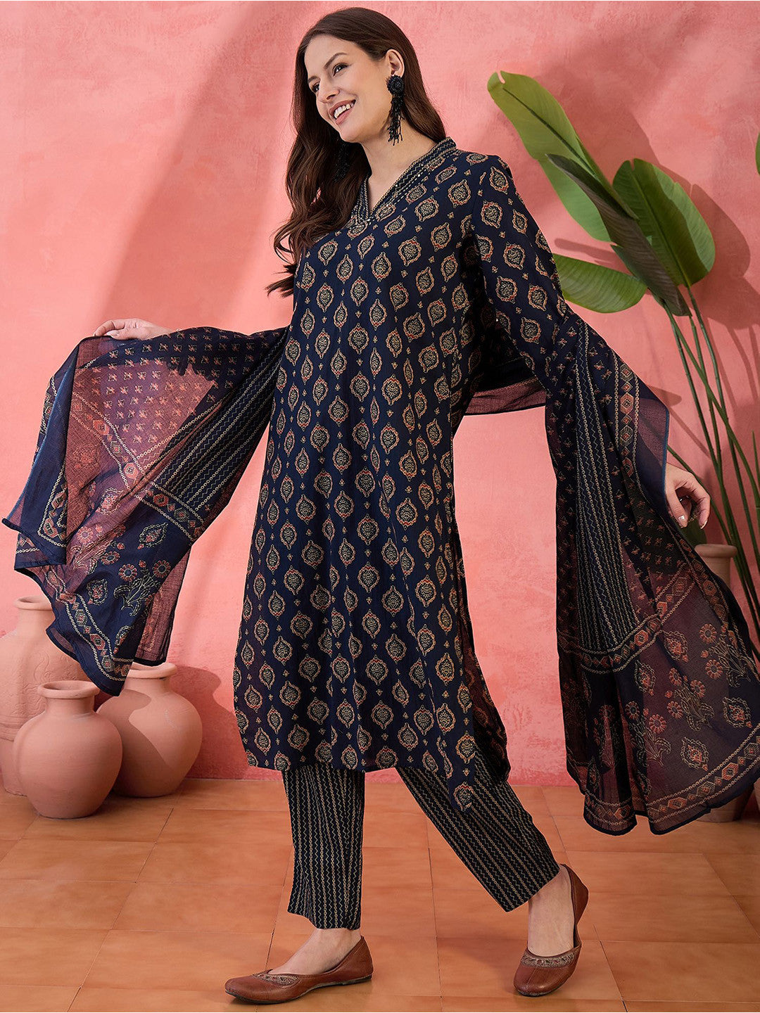 Ethnic Motifs Printed V Neck Pure Cotton Straight Kurta With Trouser & Dupatta