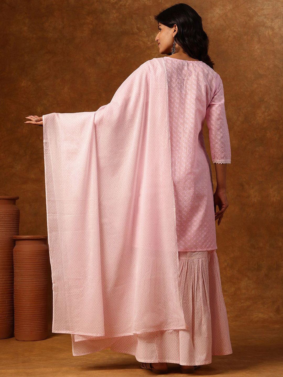 Dhiyona AN Embroidered Thread Work Notch Neck Straight Kurta With Sharara & Dupatta