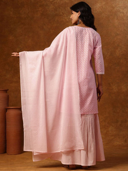 Dhiyona AN Embroidered Thread Work Notch Neck Straight Kurta With Sharara & Dupatta