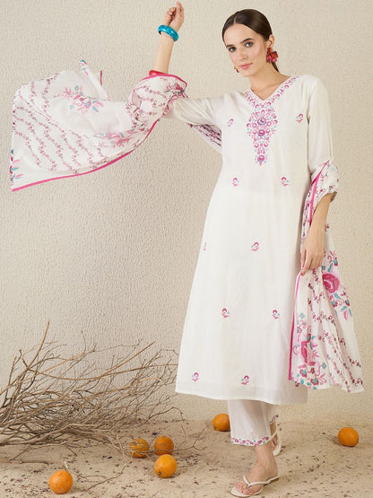 Ethnic Motifs Embroidered Thread Work Pure Cotton Kurta With Trouser & Dupatta