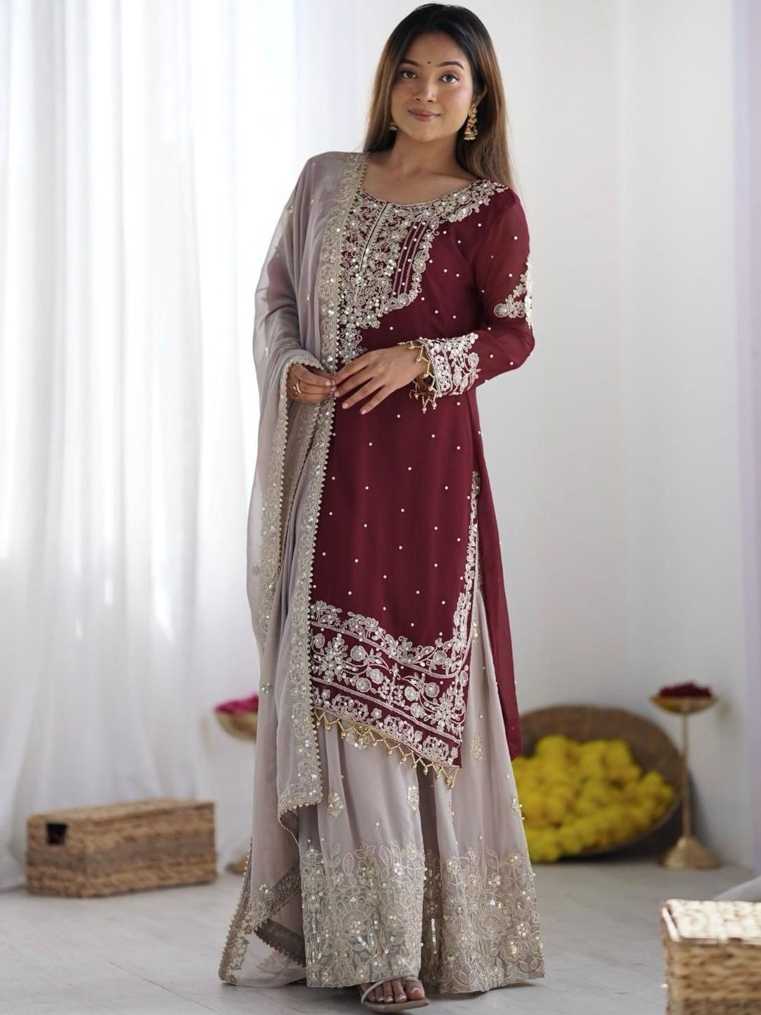 Dhiyona KL Women Ethnic Motifs Embroidered Regular Kurta with Sharara & With Dupatta