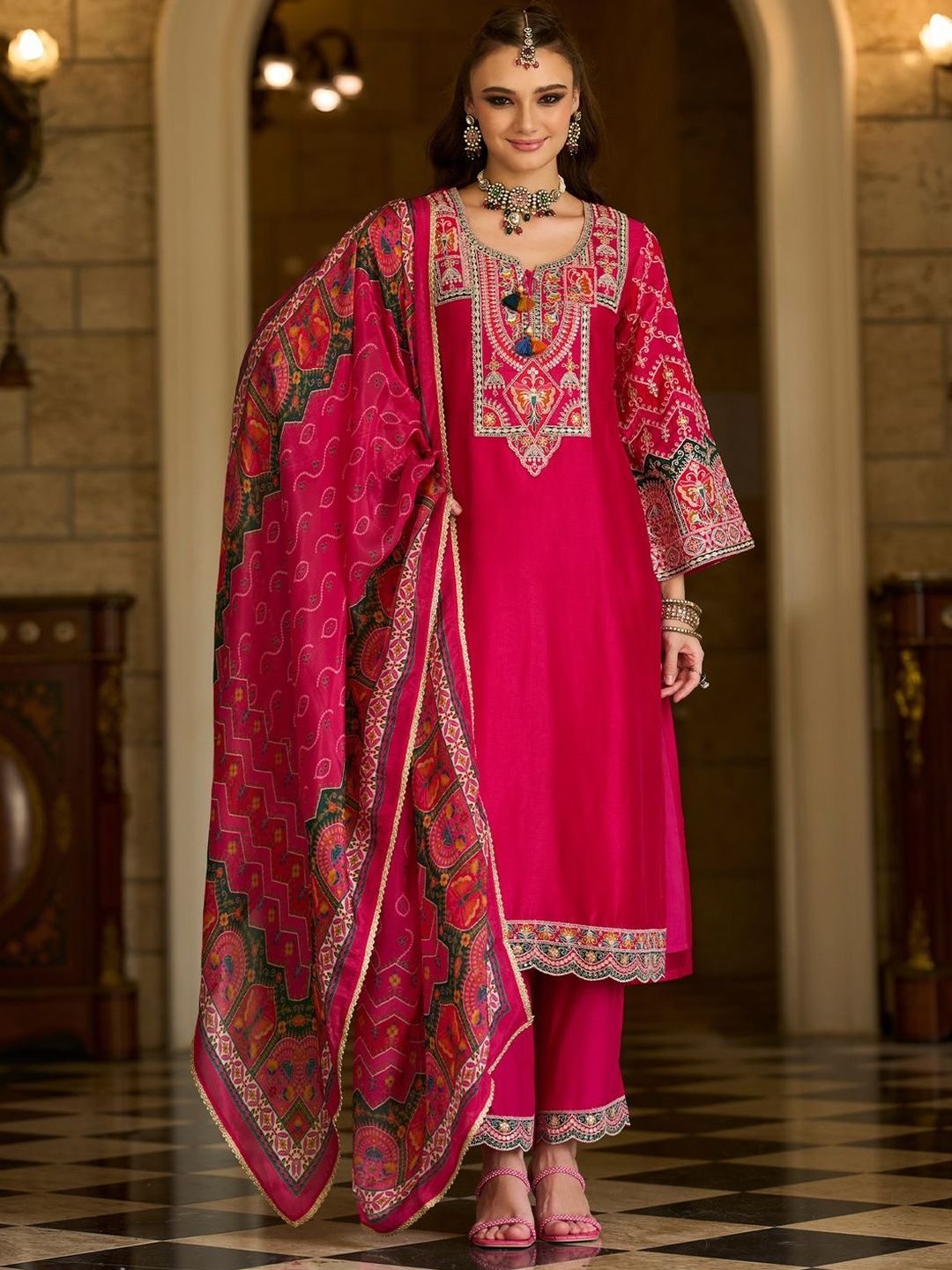 Ethnic Motifs Embroidered Notch Neck Thread Work Kurta With Trousers & Dupatta
