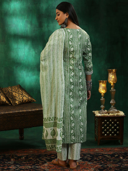 Women's LB Green Printed Cotton Straight Suit With Dupatta