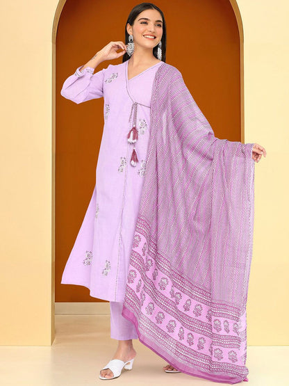 Dhiyona IS Women's Women Floral Embroidered Pure Cotton Kurta with Trousers & With Dupatta
