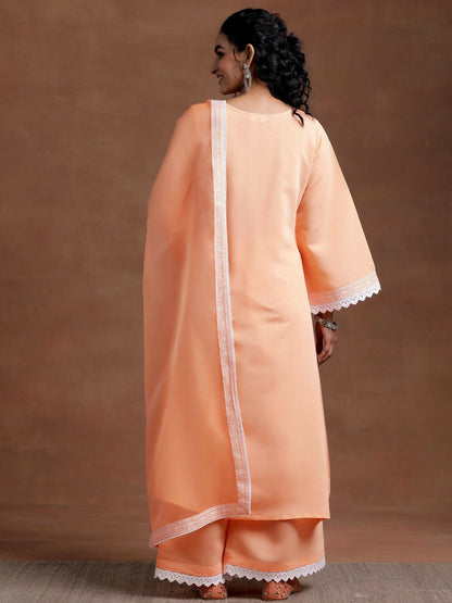 Women's LB Peach Embroidered Silk Blend A-Line Kurta With Palazzos & Dupatta