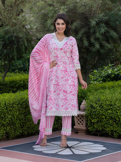Dhiyona KL Women Floral Printed Regular Pure Cotton Kurta with Trousers & With Dupatta