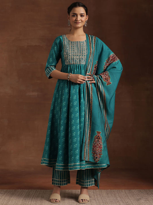 Womens Blue Printed Anarkali Kurta With Trousers & Dupatta