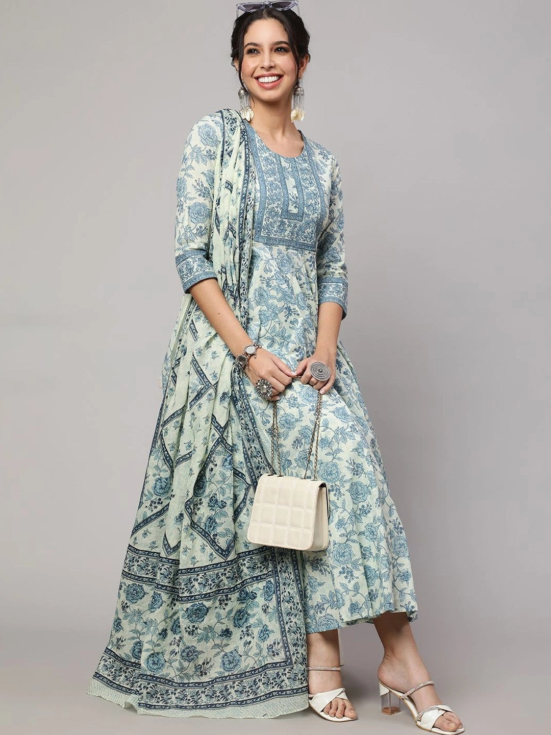 Women Floral Printed Regular Pure Cotton Kurta with Palazzos & With Dupatta