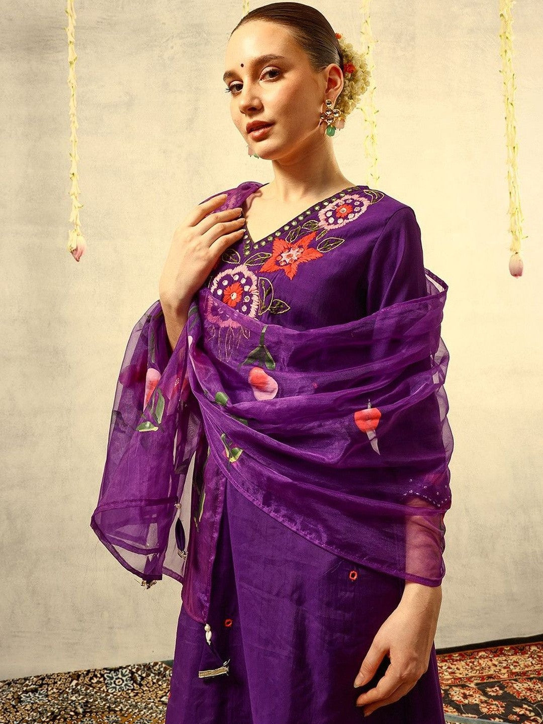 Embroidered V-Neck Kurta & Trousers With Dupatta