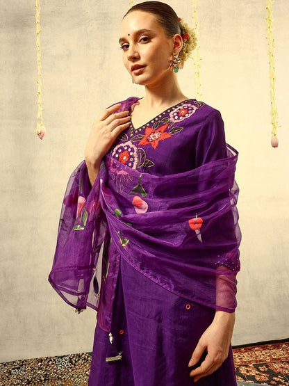 Embroidered V-Neck Kurta & Trousers With Dupatta