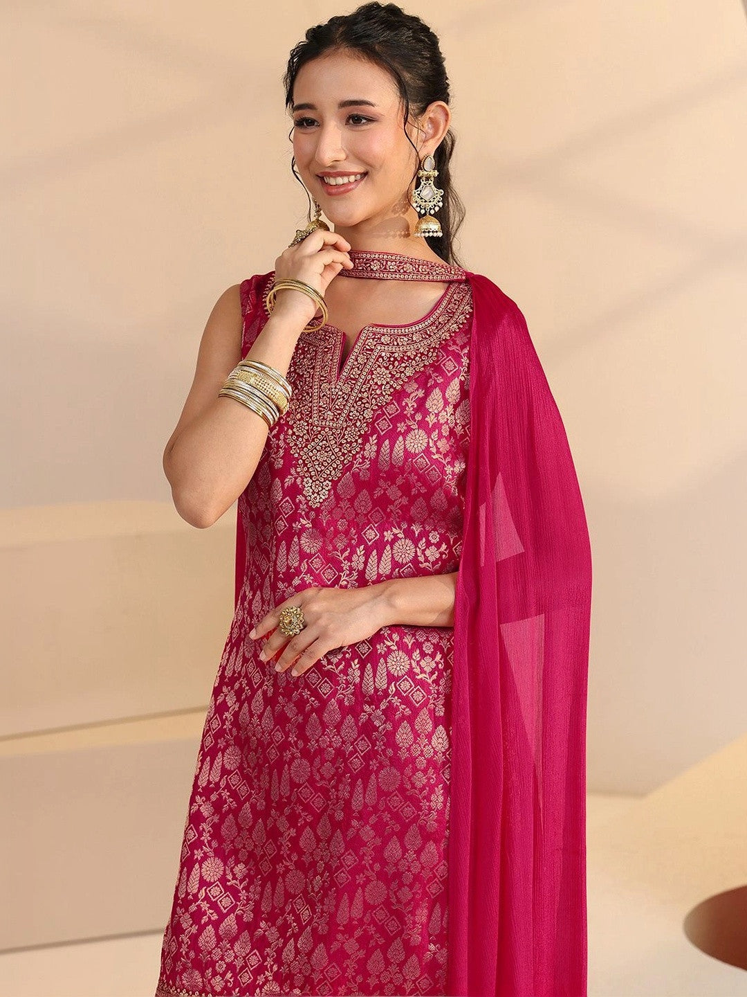 Rani Pink Woven Design Silk Blend Palazzo Suit Set