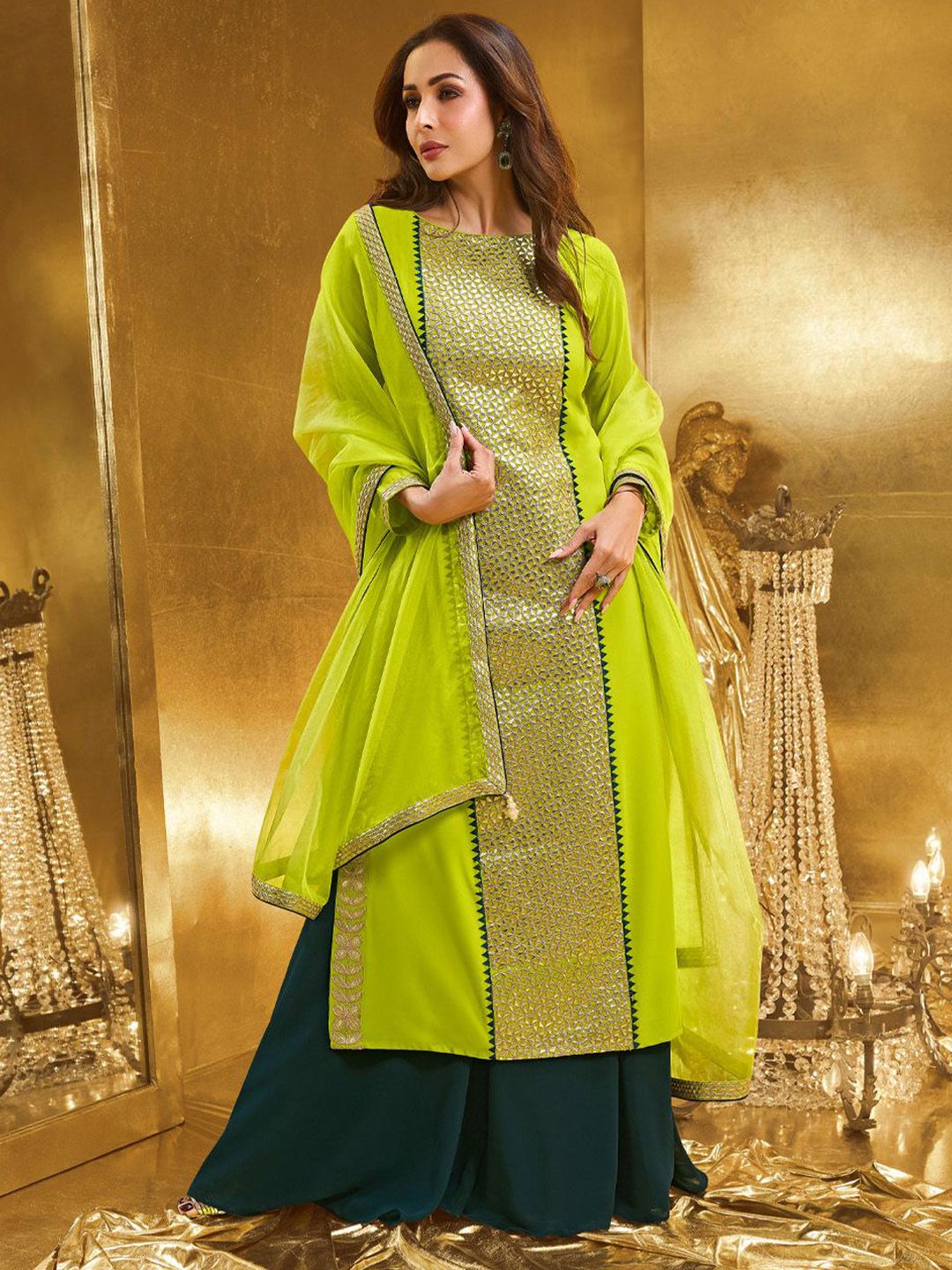 Dhiyona IN Women Geometric Embroidered Kurta with Palazzo & Dupatta