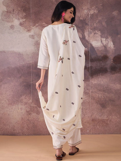 Floral Embroidered Thread Work Straight Kurta With Trousers & Dupatta