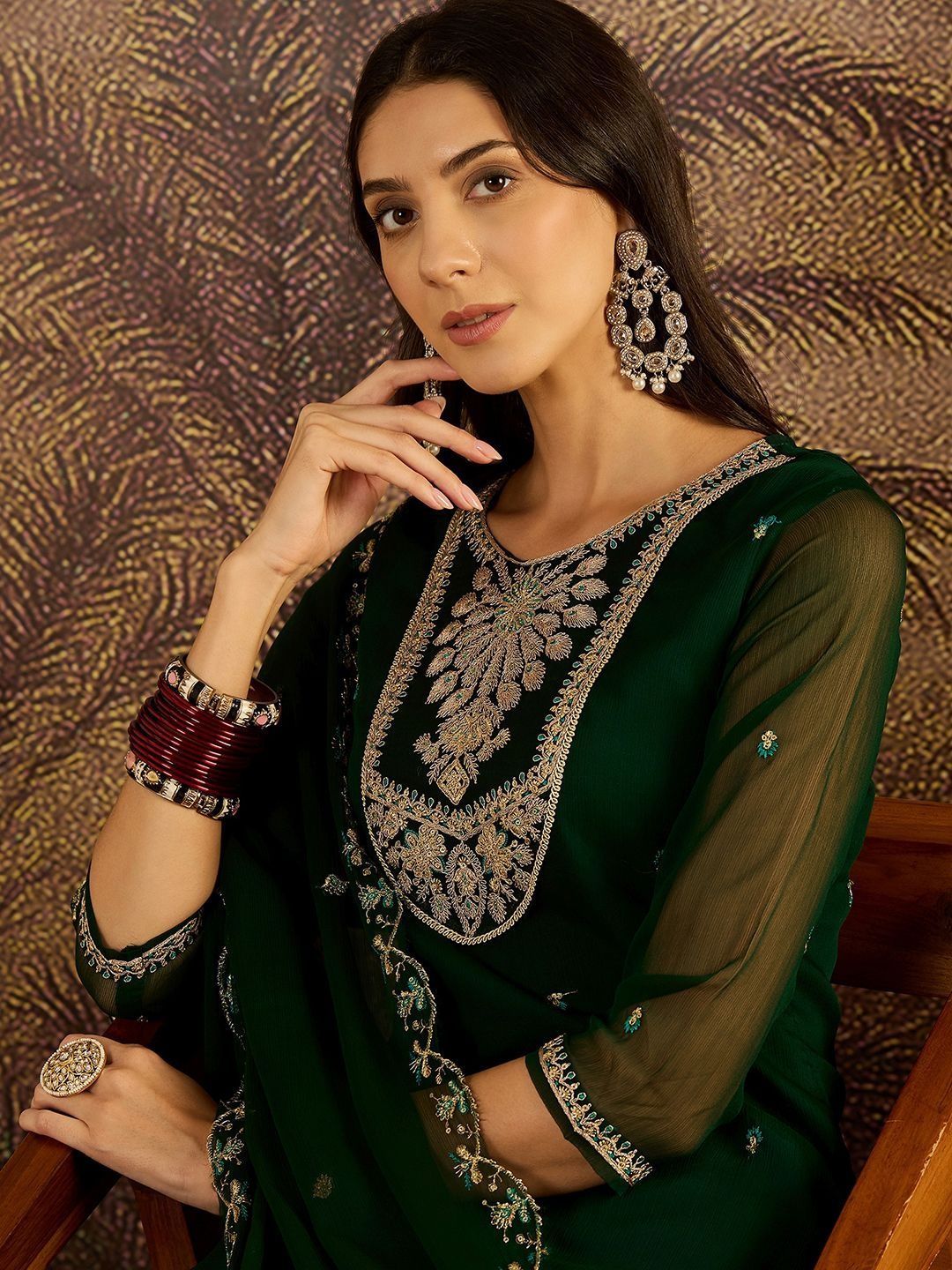 Dhiyona SN Women Ethnic Motifs Embroidered Zari Georgette Kurta with Sharara & Dupatta