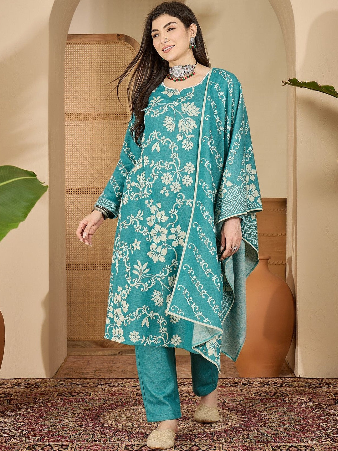 Women Winter Floral Woven Design Straight Kurta With Trousers & Dupatta
