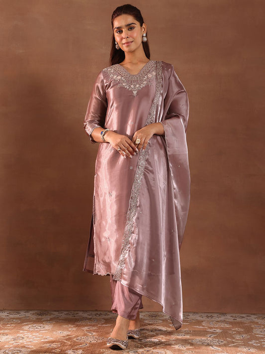 Yoke Design Beads and Stones Straight Kurta with Trousers & Dupatta