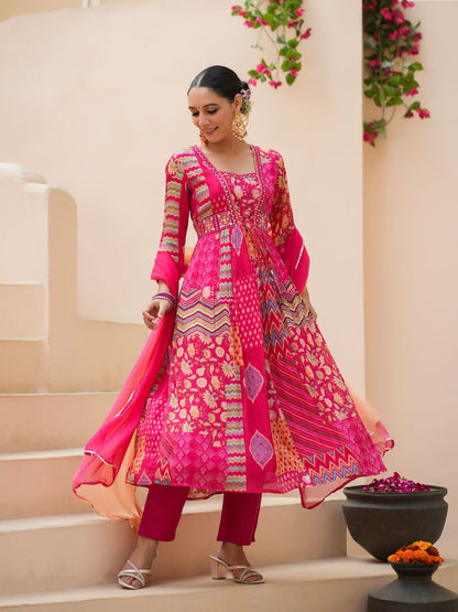 Dhiyona RR Women's Floral Printed Empire Sequinned Kurta with Trousers & With Dupatta