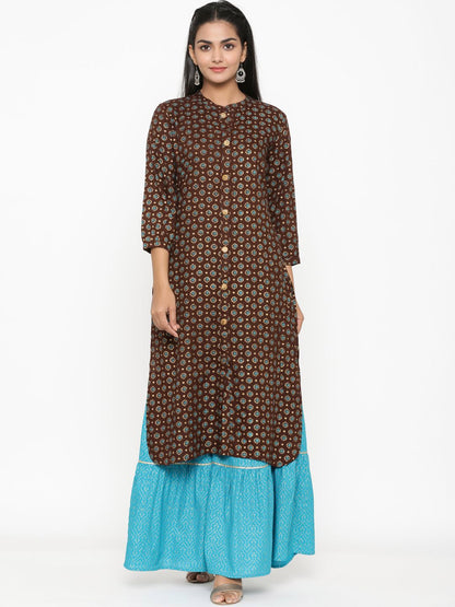 Dhiyona AN Brown Floral Printed Straight Kurta with Sharara