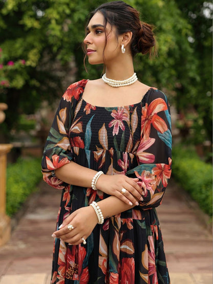 Dhiyona AY Women's Floral Print Puff Sleeve Georgette Fit & Flare Midi Dress