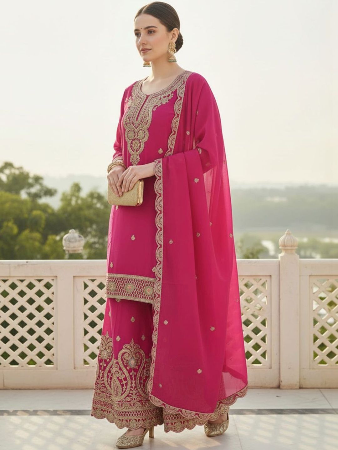 Dhiyona IE Women Ethnic Motifs Embroidered Regular Kurta with Sharara & With Dupatta