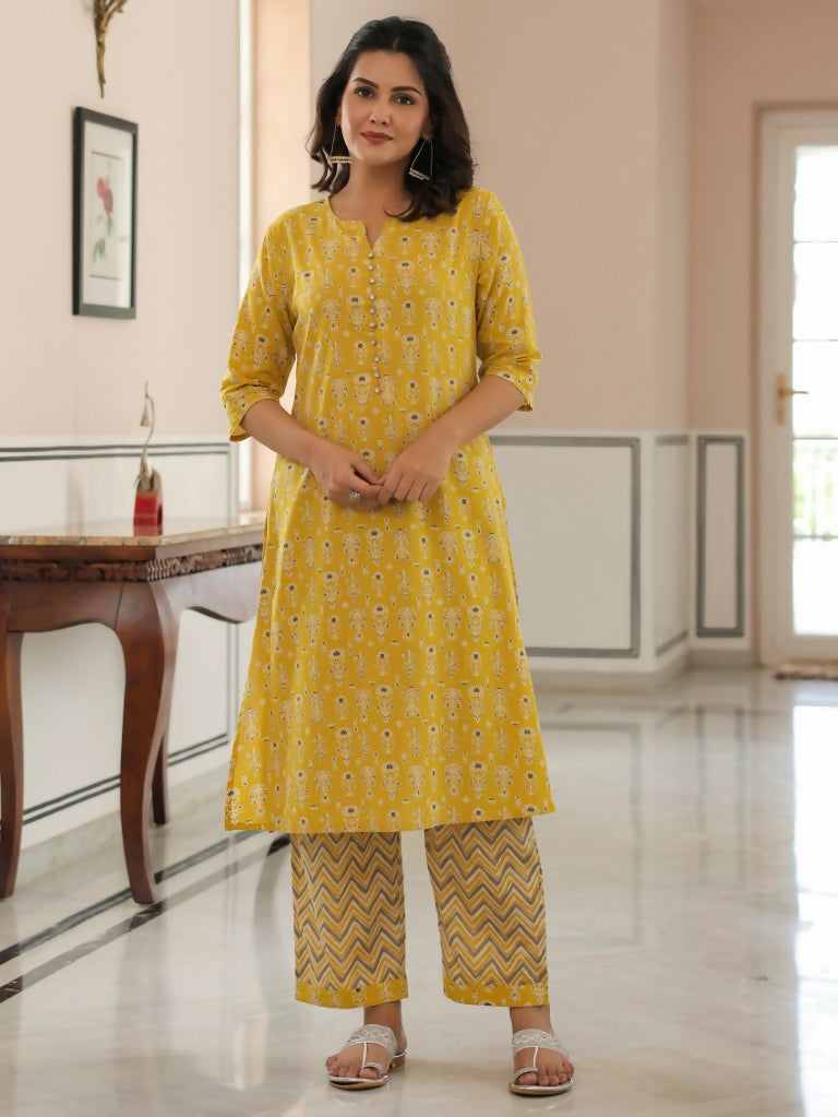 Women's A-line Soft Cotton Butti Print Women's Kurta Set - Yellow