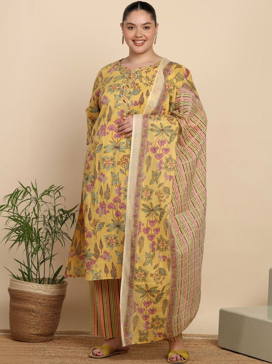 Dhiyona KL Women Floral Printed Regular Pure Cotton Kurta with Trousers & With Dupatta