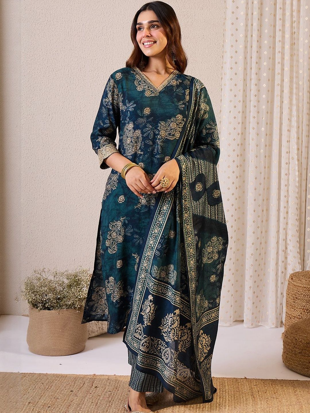 Dhiyona IE Floral Printed Straight Chanderi Silk Kurta With Trousers & Dupatta