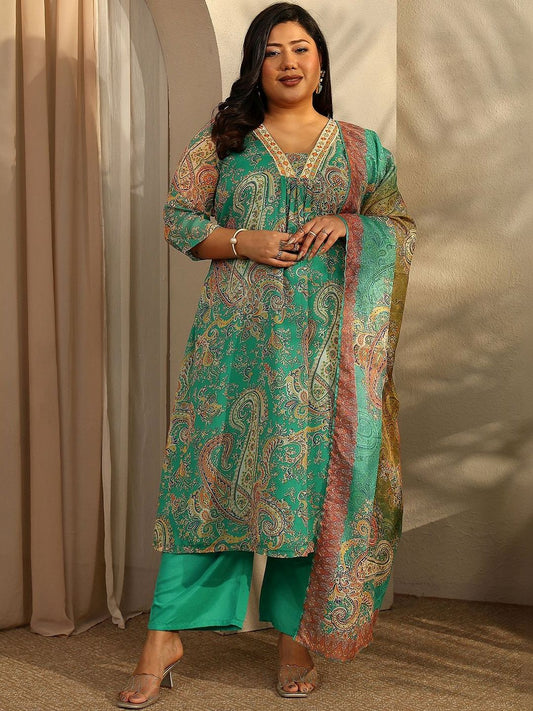 Dhiyona Women's Plus Size Paisley Printed Kurta with Trousers & With Dupatta