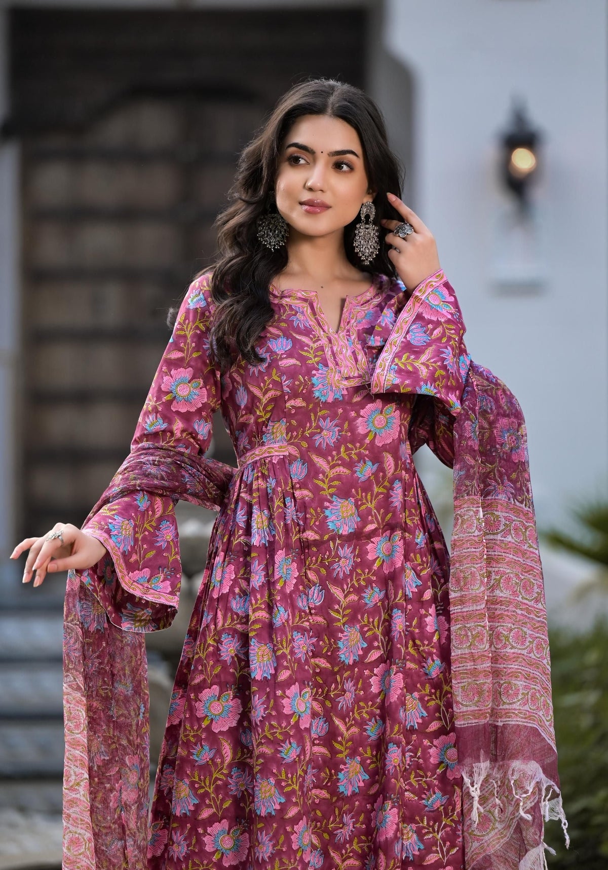 Dhiyona KL Floral Printed Notch Neck Pure Cotton A-Line Kurta With Palazzo And Dupatta