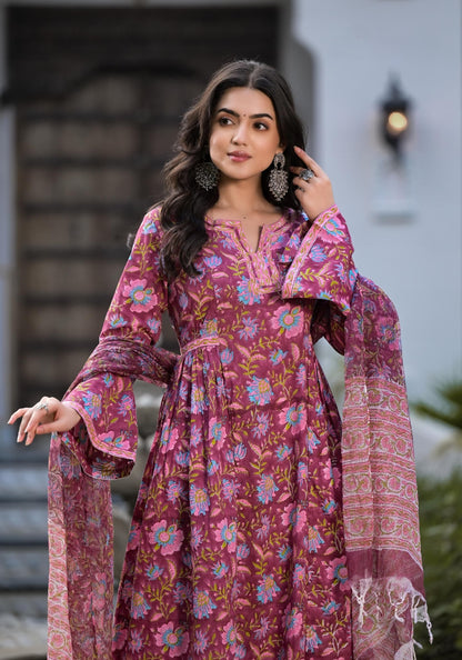 Dhiyona KL Floral Printed Notch Neck Pure Cotton A-Line Kurta With Palazzo And Dupatta