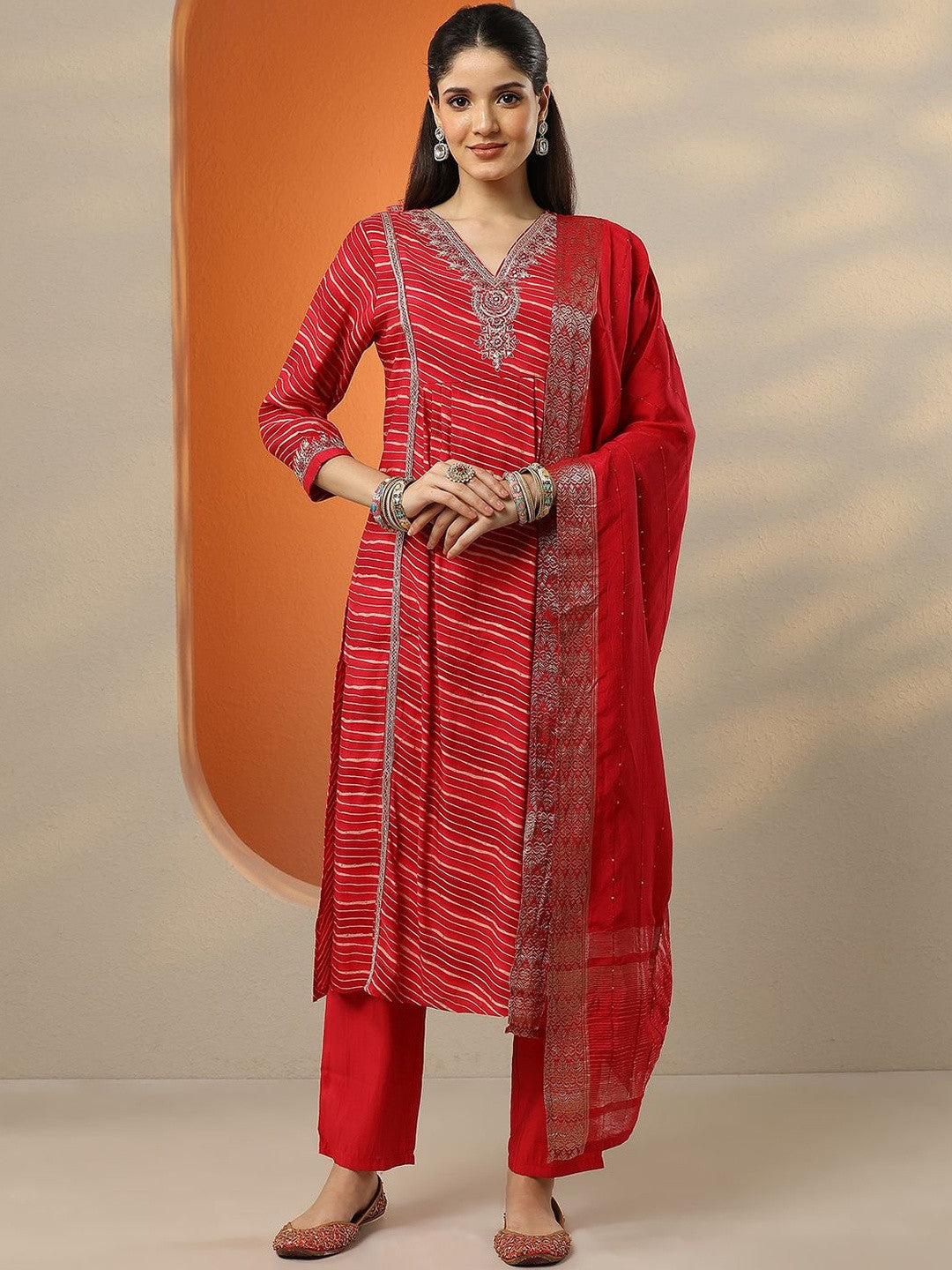 Women Striped Kurta with Trousers & Dupatta