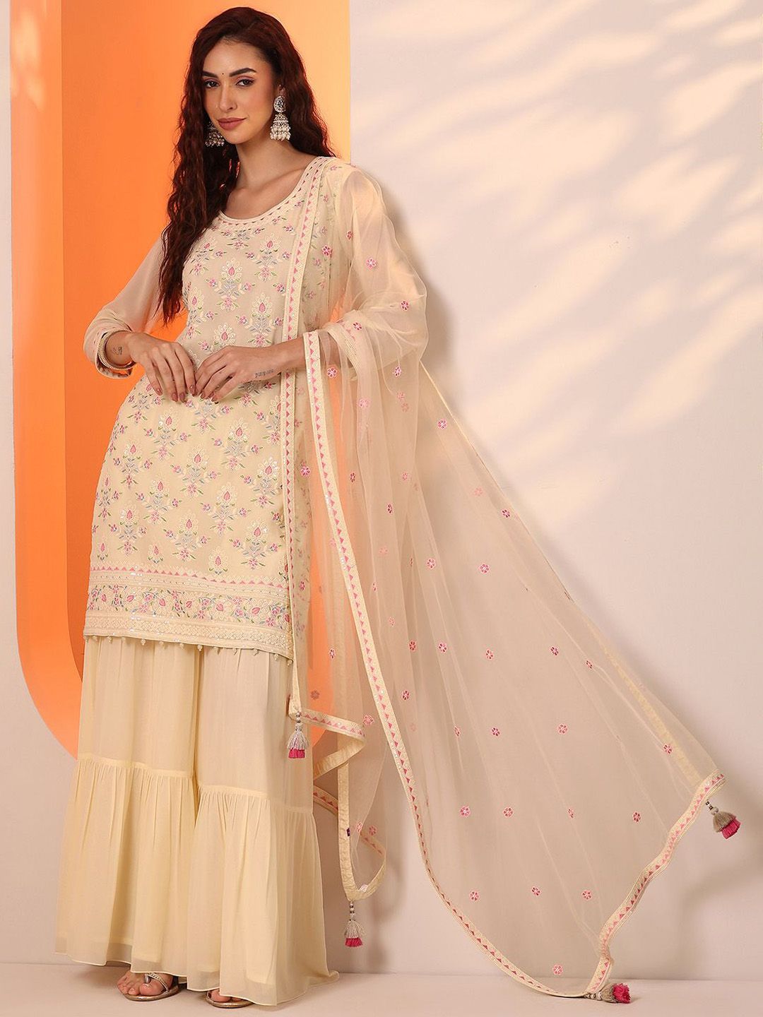 Dhiyona LL Women Floral Embroidered Kurta with Sharara & Dupatta