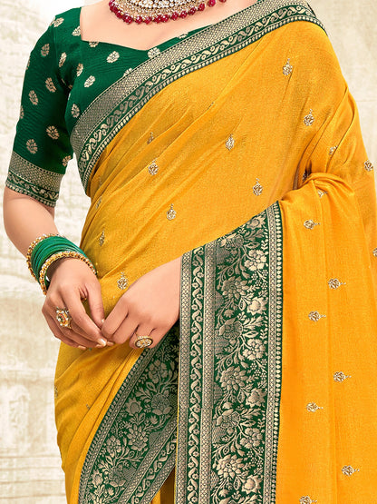 Women's Vichitra Silk Yellow Embellished Designer Saree With Blouse Piece