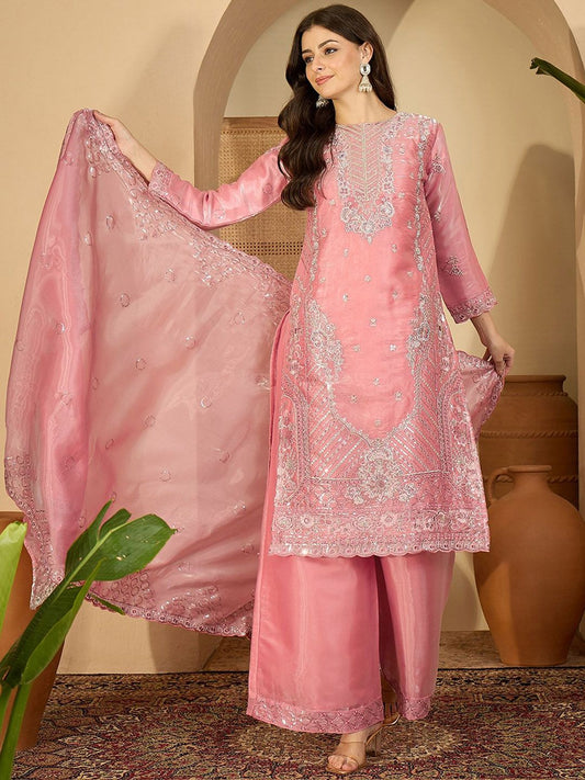 Dhiyona SN Floral Embroidered Sequinned Pure Silk Straight Kurta With Palazzo & Dupatta