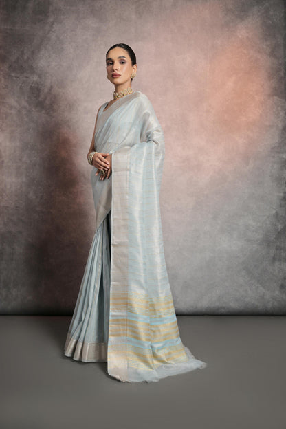 Dhiyona GR Women's Celeste Blue Soft Mulberry Tissue Cotton Saree