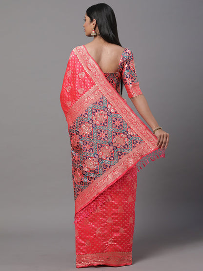 Women's Silk Blend Pink Woven Design Woven saree With Blouse Piece