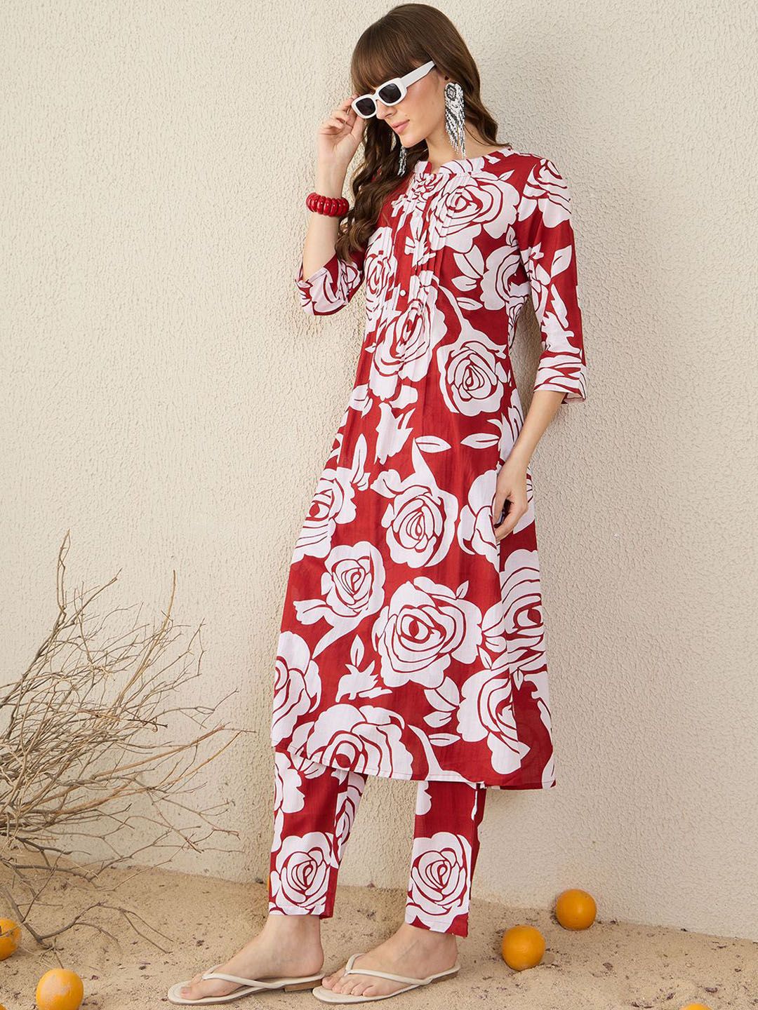 Dhiyona IE Floral Printed Pure Cotton Round Neck Tunic With Trousers Co-Ords