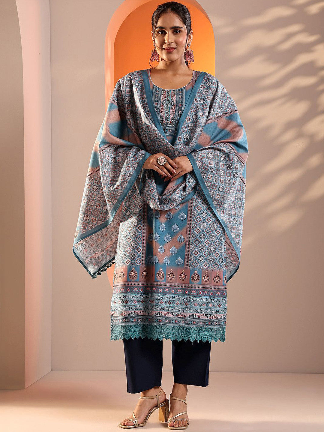 Ethnic Motifs Printed Thread Work Straight Kurta With Trousers & Dupatta