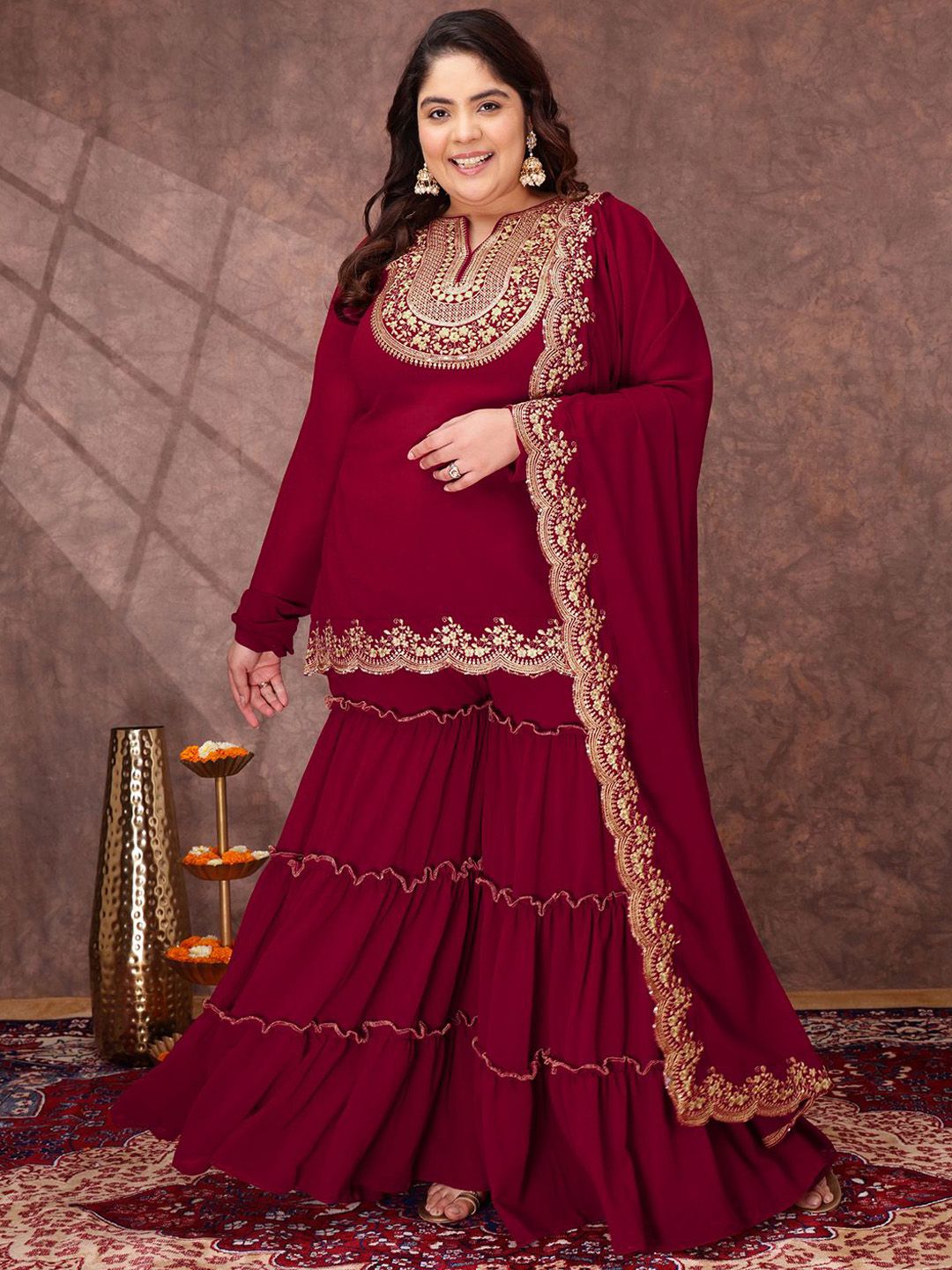 Dhiyona IN Floral Yoke Design Thread Work Georgette Straight Kurta With Sharara & Dupatta