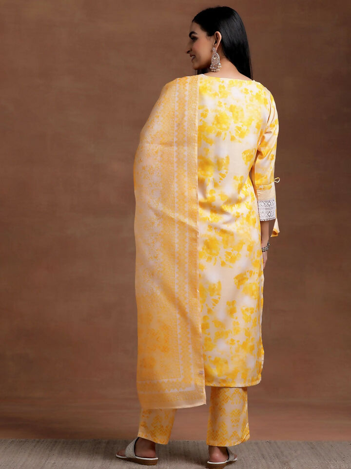 Women's LB Yellow Embroidered Cotton Blend Straight Suit With Dupatta