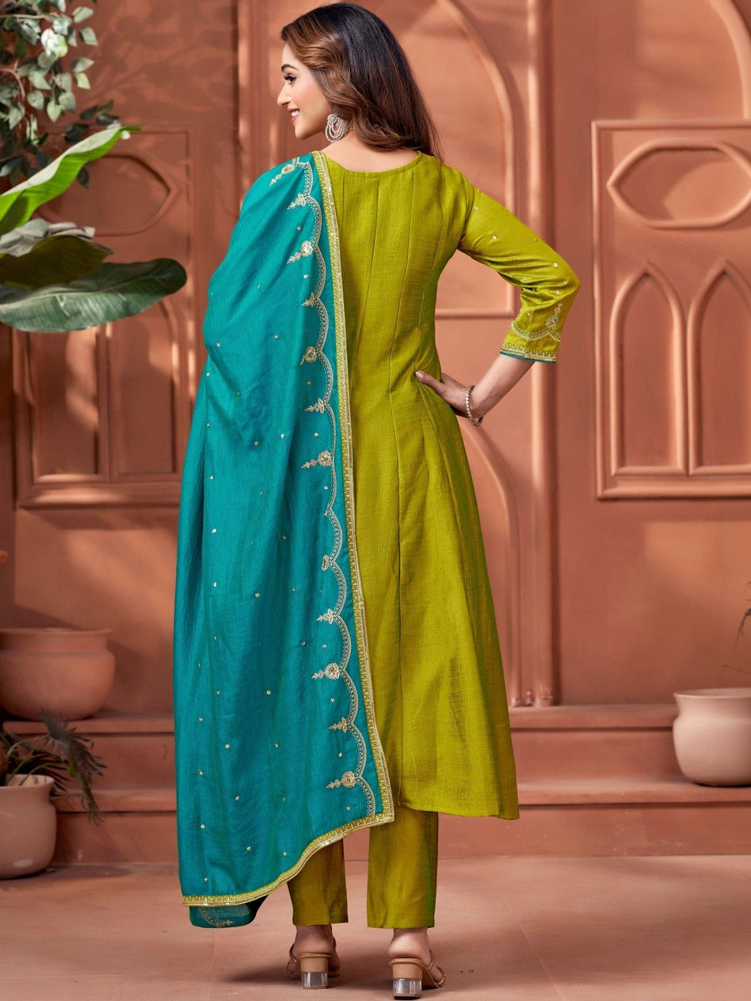 Embroidered V-Neck Kurta Trousers & Dupatta