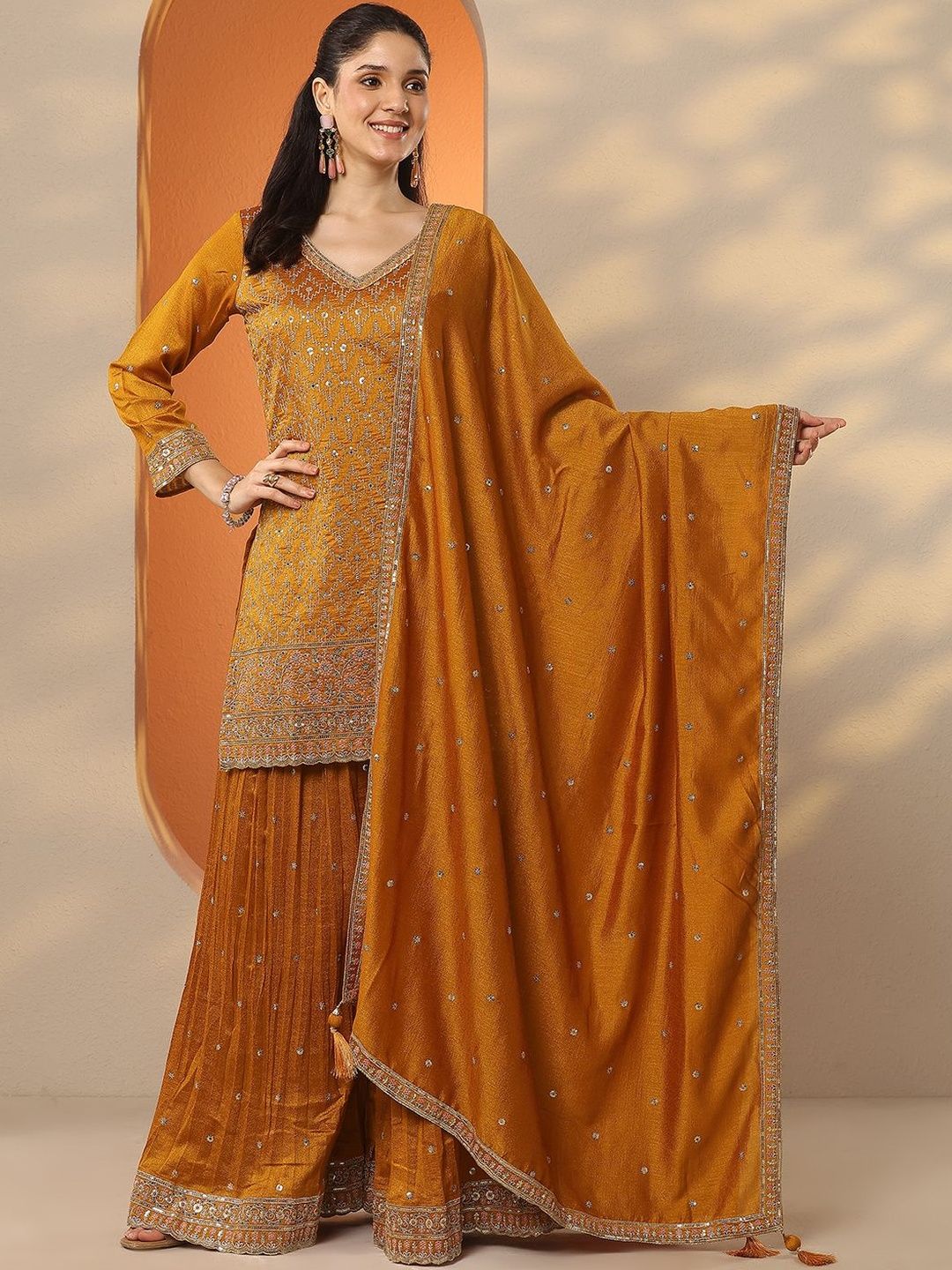 Dhiyona LL Ethnic Motifs Embroidered Regular Sequinned Kurta With Sharara & Dupatta
