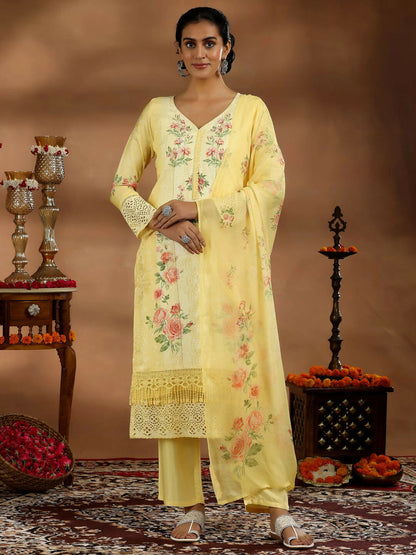 Women's LB Yellow Printed Silk Blend Straight Suit With Dupatta