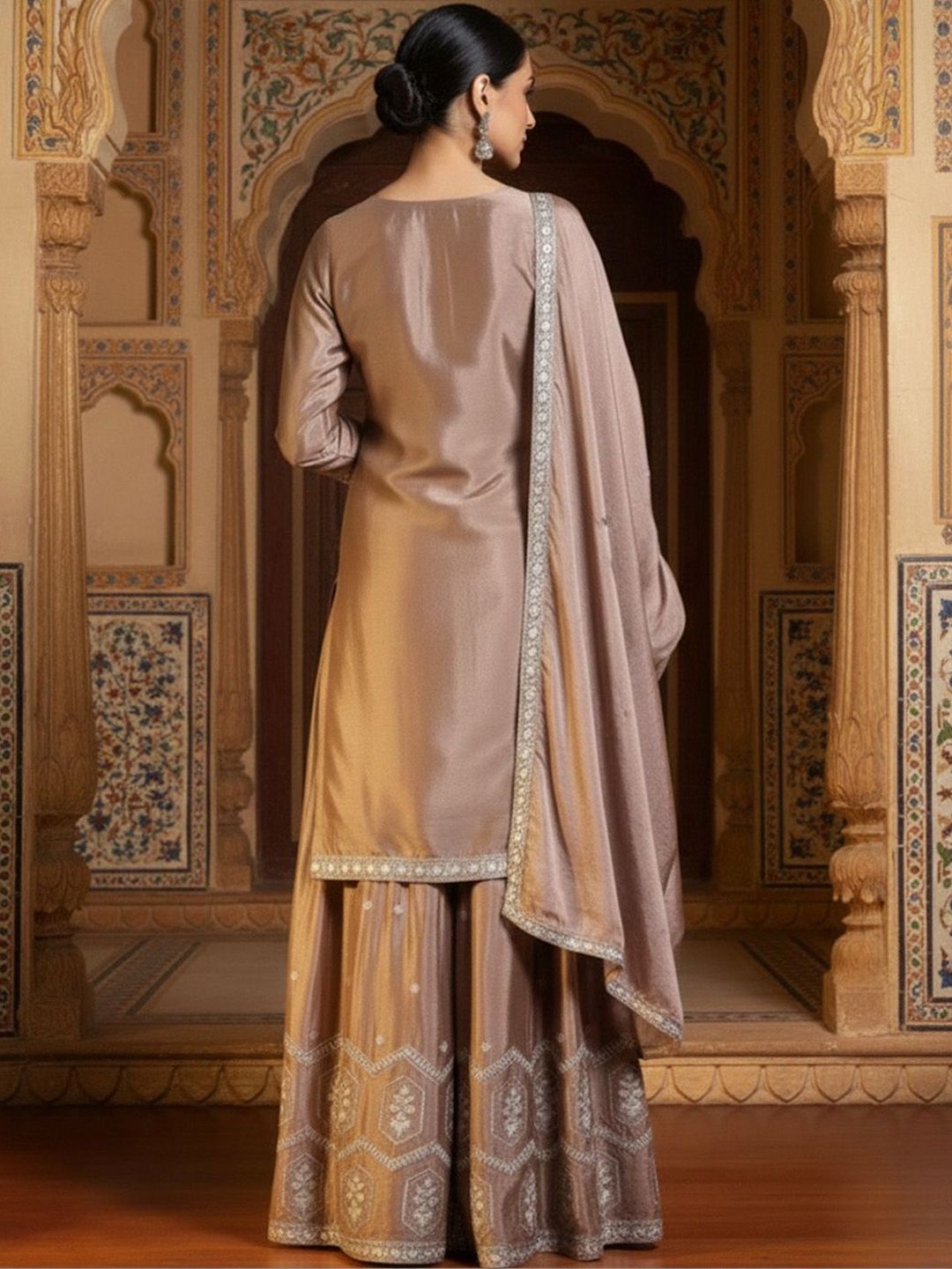Dhiyona KL Women Ethnic Motifs Embroidered Regular Thread Work Silk Crepe Kurta with Sharara & With Dupatta