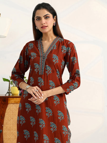 Women Ethnic Motifs Printed Regular Cotton Blend Kurta with Trousers & With Dupatta