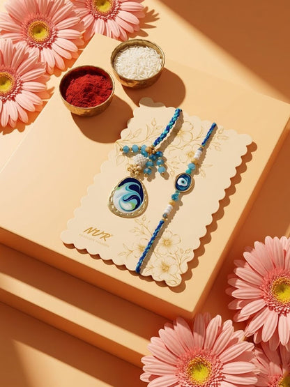 Dhiyona Set Of 2 Blue Evil Eye Traditional Gold Toned Bhaiya Bhabhi Rakhi With Roli Chawal