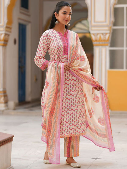 Dhiyona RR Women's Ethnic Motifs Printed Lace Work Pure Cotton Kurta Set With Dupatta