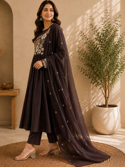 Women Floral Embroidered Empire Thread Work Pure Cotton Kurta with Trousers & With Dupatta